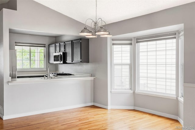7680 Elmwood St, Littleton, CO 80125 - kitchen with stainless steel appliances, light wood-type flooring, hanging light fixtures, a chandelier, and lofted ceiling