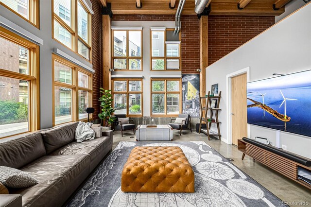 2955 Inca St Unit 1H, Denver, CO 80202 - living room with a towering ceiling, wood ceiling, and concrete flooring