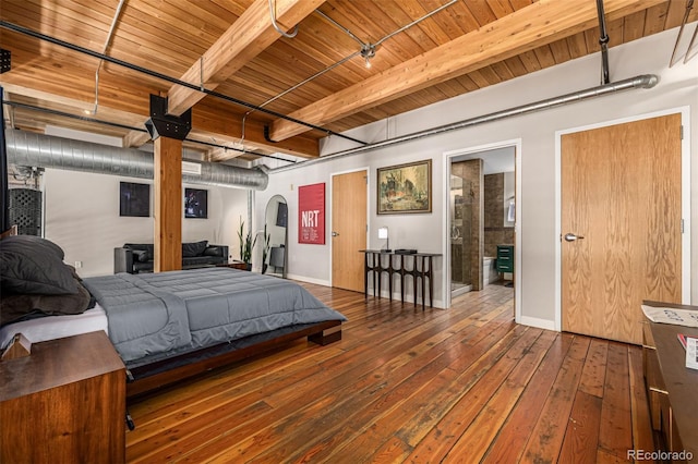 2955 Inca St Unit 1H, Denver, CO 80202 - bedroom featuring a wooden ceiling with exposed beams, arched walkways, and hardwood / wood-style floors