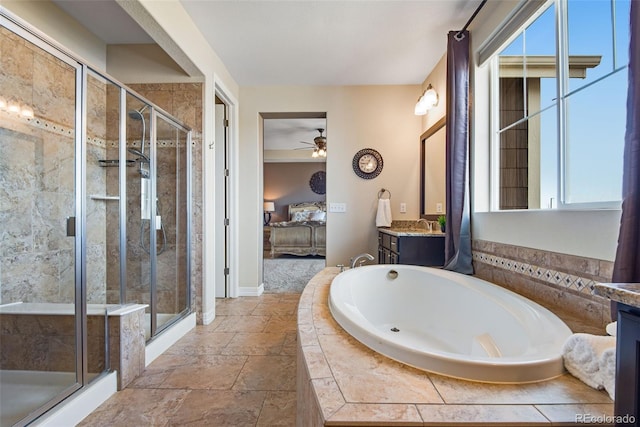 ensuite bathroom featuring a ceiling fan, ensuite bath, a shower stall, a bath, and vanity