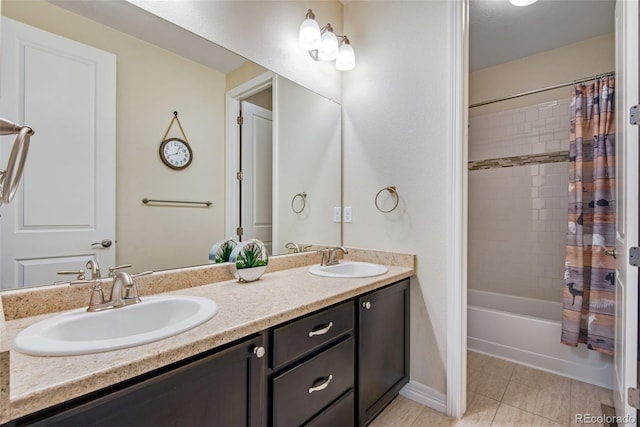 bathroom featuring tile patterned flooring, double vanity, shower / tub combo, and a sink