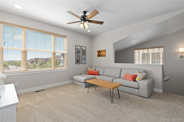13729 Vallejo Loop, Broomfield, CO 80023 - carpeted living room featuring plenty of natural light, ceiling fan, vaulted ceiling, and recessed lighting