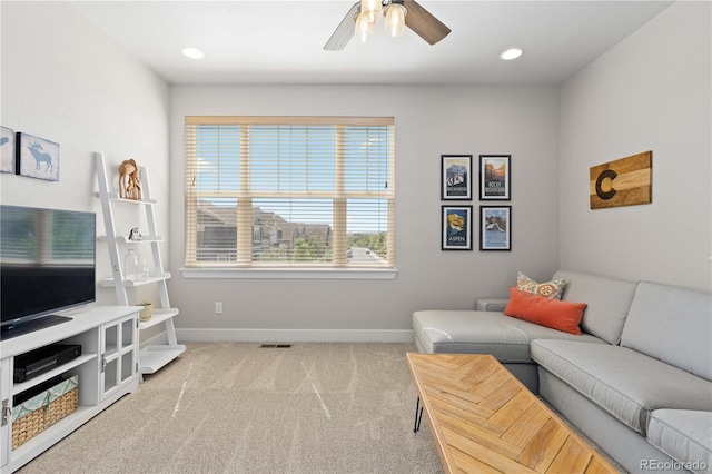 13729 Vallejo Loop, Broomfield, CO 80023 - carpeted living area featuring a ceiling fan and recessed lighting