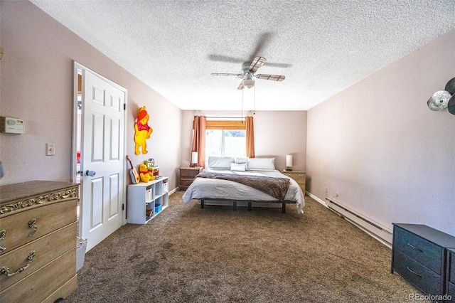 bedroom featuring a baseboard heating unit, ceiling fan, a textured ceiling, and carpet