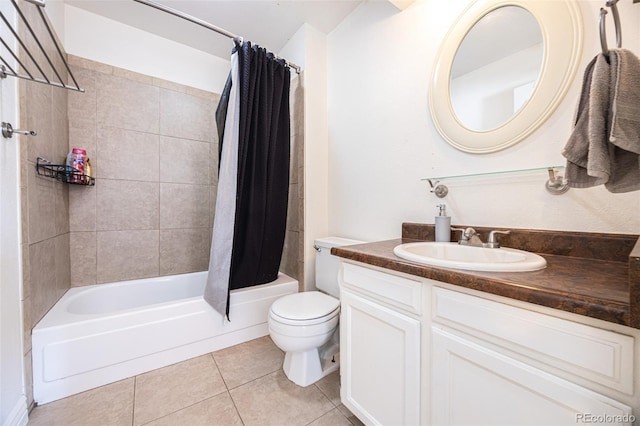 full bathroom with tile patterned floors, toilet, shower / bath combo with shower curtain, and vanity