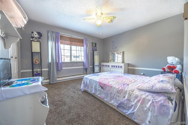 carpeted bedroom with ceiling fan, a baseboard heating unit, and a textured ceiling