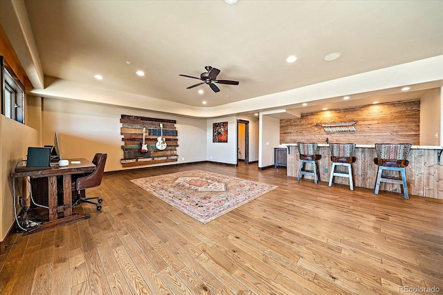 office area featuring recessed lighting, hardwood / wood-style floors, and ceiling fan