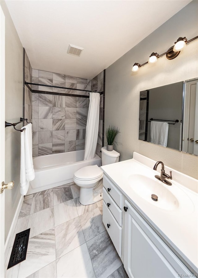 bathroom with toilet, marble finish floor, shower / bath combo with shower curtain, vanity, and visible vents