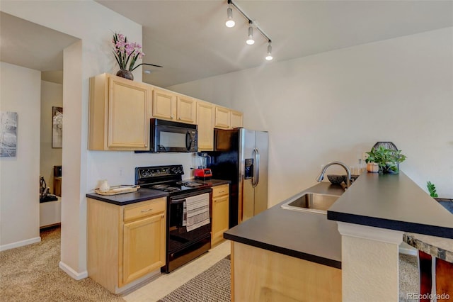 kitchen with light carpet, light brown cabinets, track lighting, black appliances, and sink