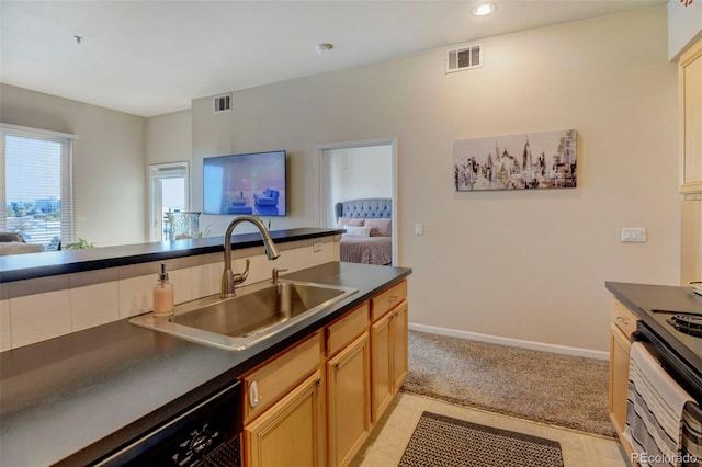 kitchen featuring stainless steel range with electric stovetop, black dishwasher, and sink