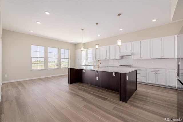 56159 E Tomahawk Ave, Strasburg, CO 80136 - kitchen with under cabinet range hood, light wood-style flooring, light countertops, a center island with sink, and recessed lighting