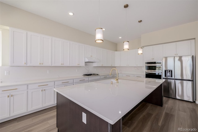 56159 E Tomahawk Ave, Strasburg, CO 80136 - kitchen with stainless steel appliances, under cabinet range hood, wood finished floors, a sink, and white cabinets