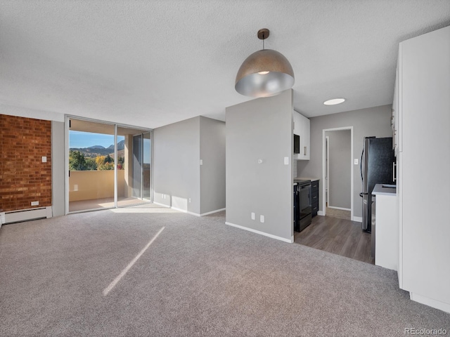 850 20th St Unit 503, Boulder, CO 80302 - unfurnished living room featuring carpet floors, baseboards, a textured ceiling, and baseboard heating