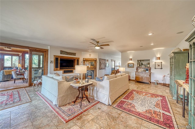 living room with tile flooring and ceiling fan