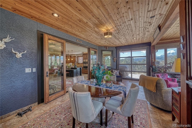 dining space featuring wooden ceiling