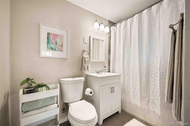 full bath with vanity, tile patterned flooring, toilet, and a shower with curtain