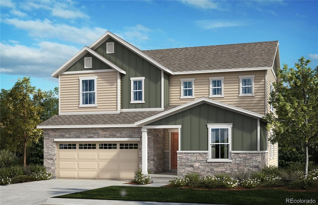 craftsman inspired home with stone siding, a shingled roof, board and batten siding, and concrete driveway