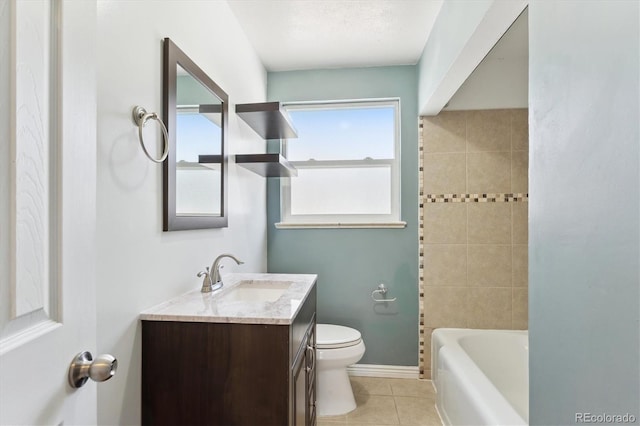 full bath with tile patterned flooring, baseboards, vanity, and toilet