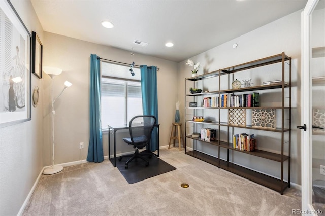 carpeted office with baseboards and recessed lighting