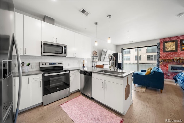 1898 S Bannock St Unit 202, Denver, CO 80223 - kitchen featuring stainless steel appliances, a sink, open floor plan, a peninsula, and light wood-style floors