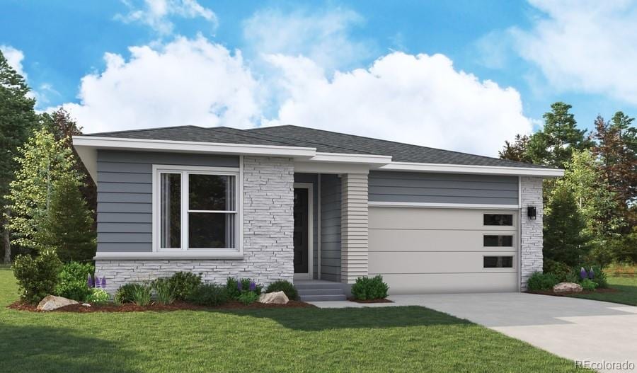 8135 Butte Creek St, Littleton, CO 80125 - view of front of home with an attached garage, concrete driveway, stone siding, and a front lawn