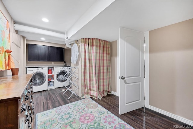 3196 S Newport St, Denver, CO 80224 - laundry room with washing machine and clothes dryer, dark wood-style flooring, cabinet space, and recessed lighting