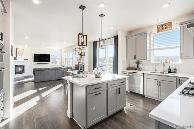 kitchen featuring gray cabinetry, plenty of natural light, a center island, and stainless steel appliances