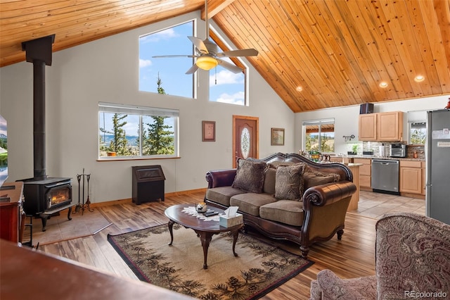 living room with wood ceiling, high vaulted ceiling, beamed ceiling, ceiling fan, and a wood stove