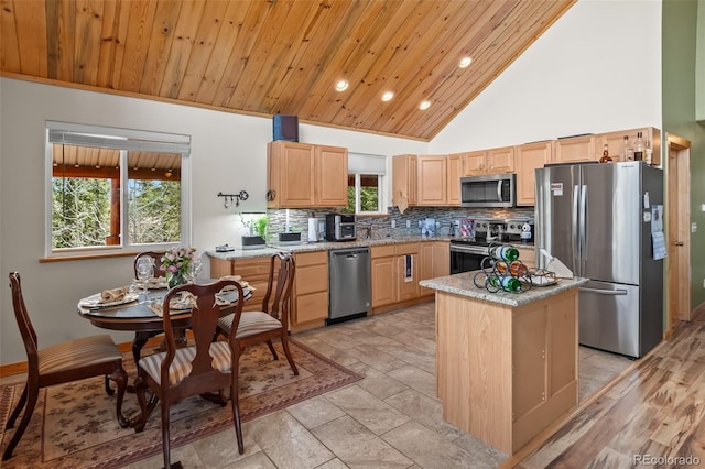 kitchen with wood ceiling, stainless steel appliances, light brown cabinets, tasteful backsplash, and recessed lighting