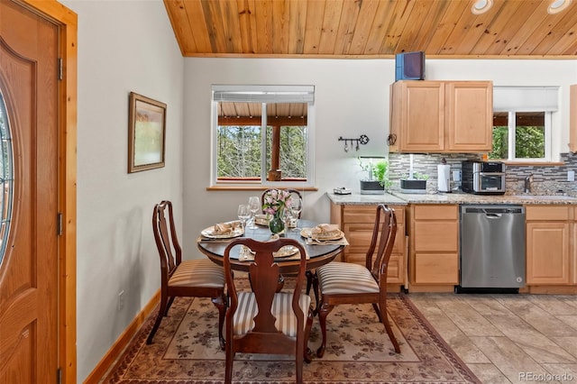 kitchen featuring light brown cabinets, recessed lighting, decorative backsplash, stainless steel dishwasher, and wood ceiling