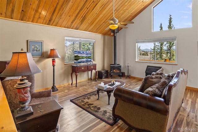 living area featuring a ceiling fan, baseboards, wood ceiling, high vaulted ceiling, and a wood stove