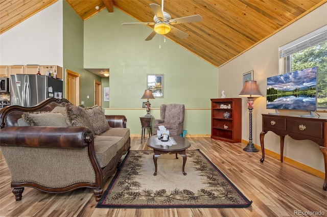 living room with wooden ceiling, baseboards, ceiling fan, high vaulted ceiling, and wood finished floors