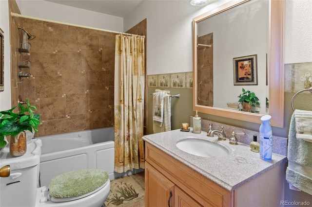 bathroom featuring shower / tub combo with curtain and vanity