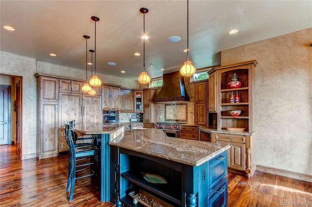 kitchen with pendant lighting, stainless steel appliances, dark hardwood / wood-style floors, custom range hood, and a spacious island