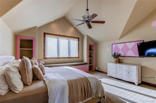 bedroom with lofted ceiling, light carpet, and ceiling fan