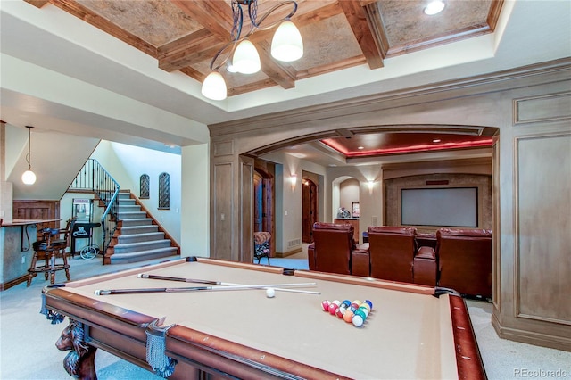 playroom with crown molding, coffered ceiling, beam ceiling, and billiards