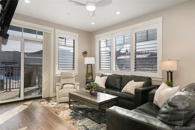 living room with hardwood / wood-style floors and ceiling fan