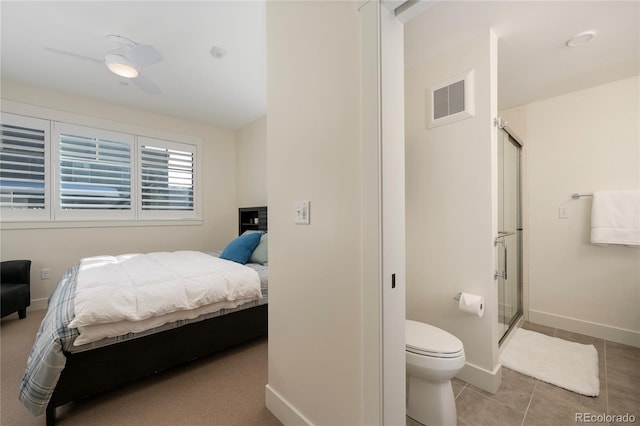 bedroom featuring light tile patterned floors and ceiling fan