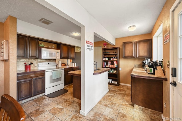 kitchen with a textured ceiling, white appliances, dark brown cabinets, sink, and decorative backsplash