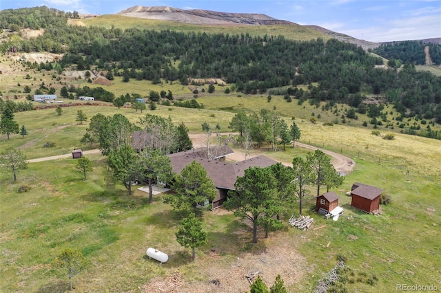 drone / aerial view featuring a rural view and a mountain view