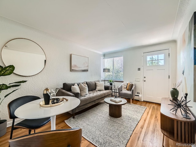 4418 W 11th Ave, Denver, CO 80204 - living area featuring light wood-style floors, baseboard heating, and a textured wall