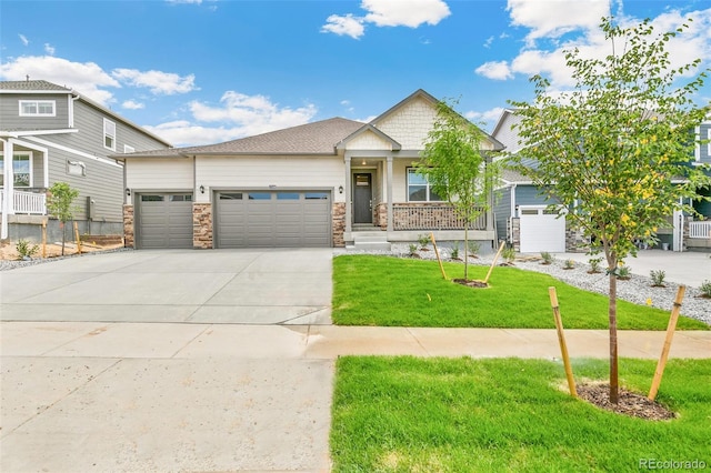 14259 Beebalm Ave, Parker, CO 80134 - craftsman house with an attached garage, concrete driveway, a front lawn, covered porch, and stone siding