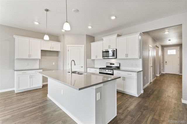 14259 Beebalm Ave, Parker, CO 80134 - kitchen featuring appliances with stainless steel finishes, a sink, a kitchen island with sink, tasteful backsplash, and dark wood-style flooring