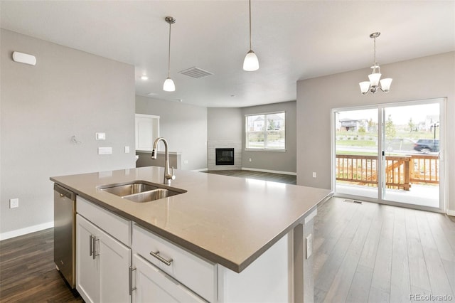 14259 Beebalm Ave, Parker, CO 80134 - kitchen with a sink, stainless steel dishwasher, open floor plan, dark wood finished floors, and a fireplace with flush hearth