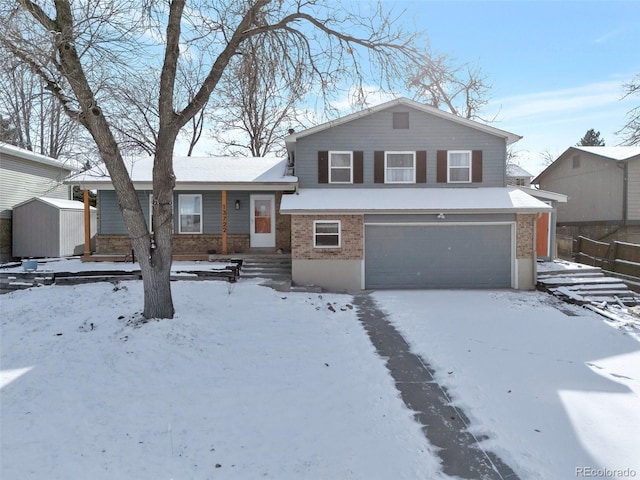 split level home featuring a storage unit and a garage