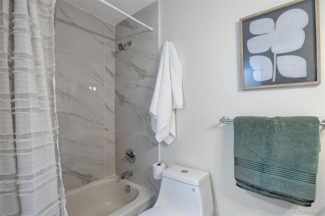 bathroom featuring toilet and shower / bathtub combination with curtain