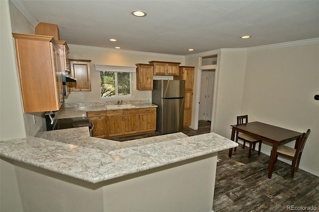 kitchen featuring dark hardwood / wood-style floors, stainless steel appliances, kitchen peninsula, and sink