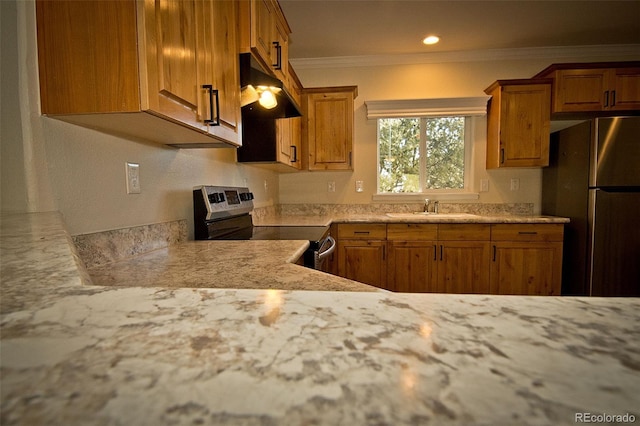 kitchen with light stone countertops, appliances with stainless steel finishes, sink, and ornamental molding