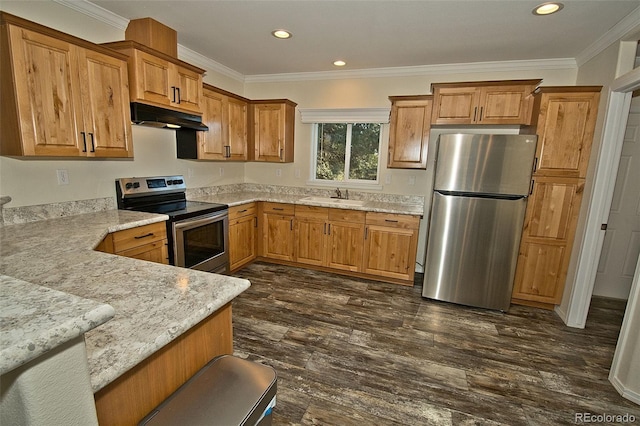 kitchen with light stone countertops, sink, crown molding, and stainless steel appliances