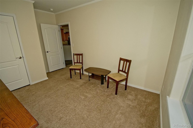 sitting room with crown molding and light carpet